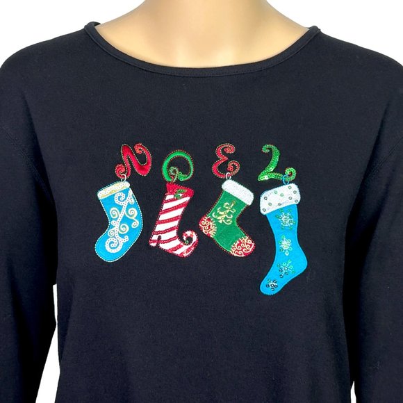 Coral Bay Womens Petite PL Embroidered Noel Christmas Stockings Blouse Shirt‎ - Picture 2 of 12